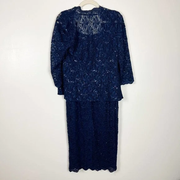 Alex Evenings Navy Blue Lace Sequin Cocktail Sheath Dress With Jacket Size 8 - Picture 7 of 12